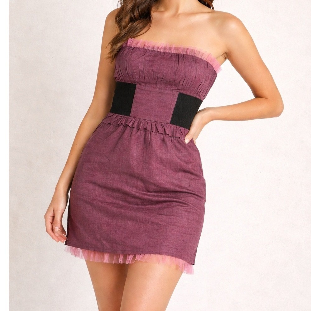 Twelve by Twelve Strapless Linen Mini Dress S Purple Fairycore Tulle Hem